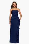 Midnight Petite “Jacqueline” Techno Scuba Strapless Ruffle Dress, front view