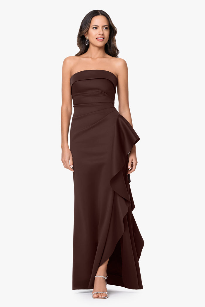 Brown Petite “Jacqueline” Techno Scuba Strapless Ruffle Dress, front view