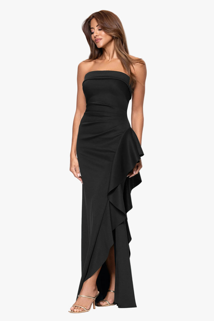 Black Petite “Jacqueline” Techno Scuba Strapless Ruffle Dress, angled three-quarter view with cascading ruffle and side slit