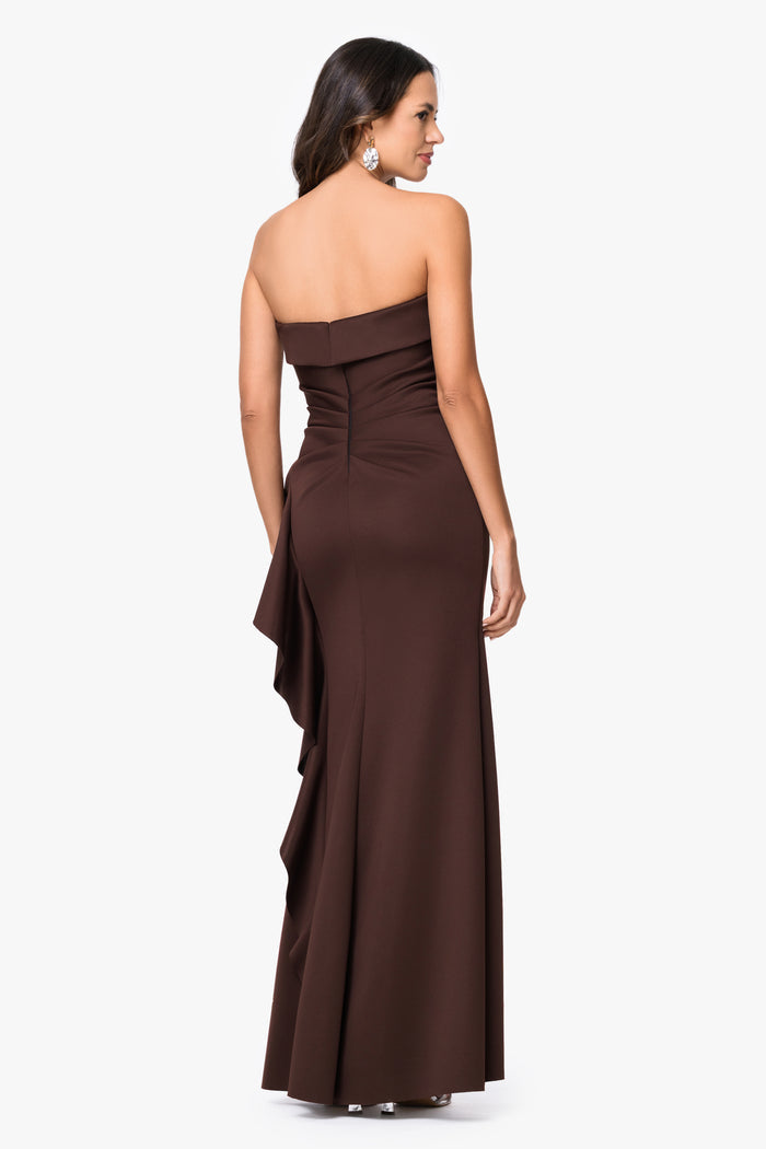 Brown Petite “Jacqueline” Techno Scuba Strapless Ruffle Dress, back view