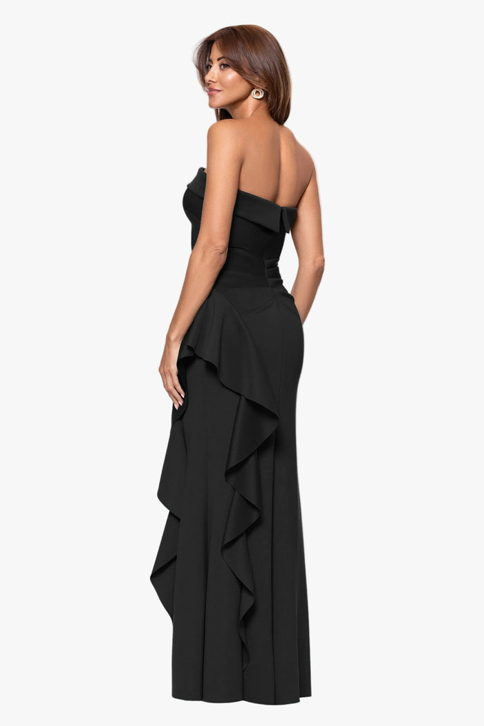 Black Petite “Jacqueline” Techno Scuba Strapless Ruffle Dress, strapless neckline and fitted bodice detail