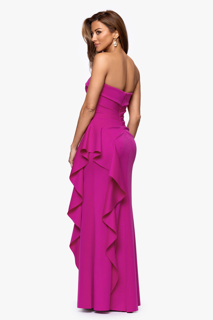 Orchid Petite “Jacqueline” Techno Scuba Strapless Ruffle Dress, front view