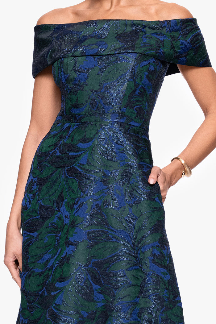 Navy/Green Petite “June” Jacquard Off The Shoulder Dress, off-the-shoulder neckline and fitted bodice detail