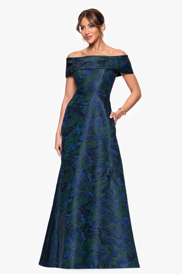 Navy/Green Petite “June” Jacquard Off The Shoulder Dress, alternate front view