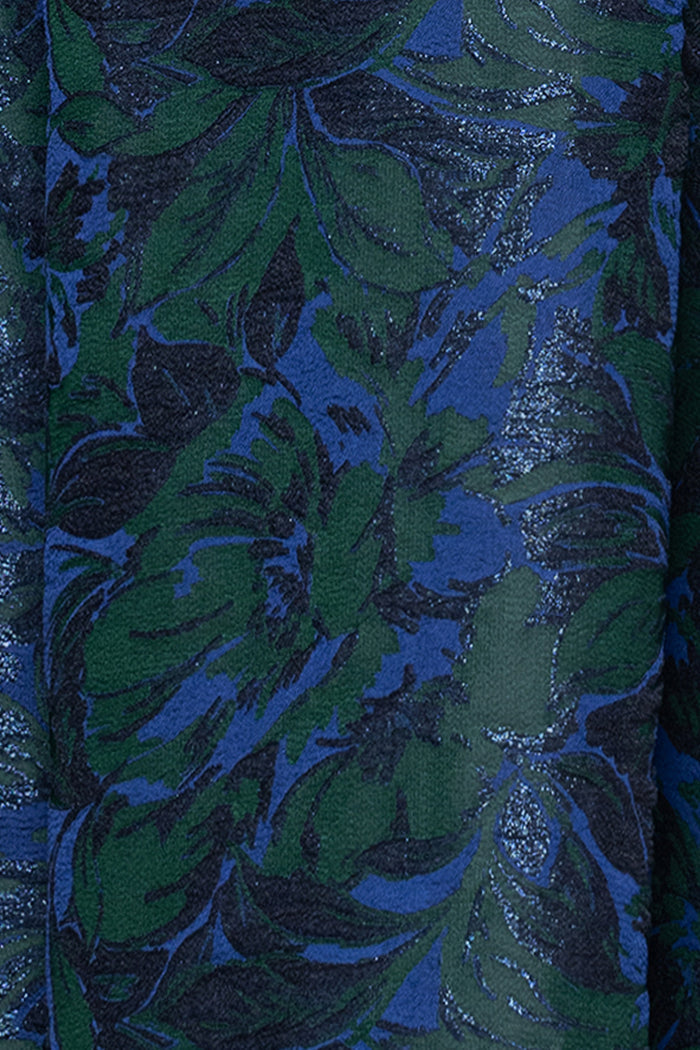 Navy/Green Petite “June” Jacquard Off The Shoulder Dress, metallic floral jacquard fabric detail