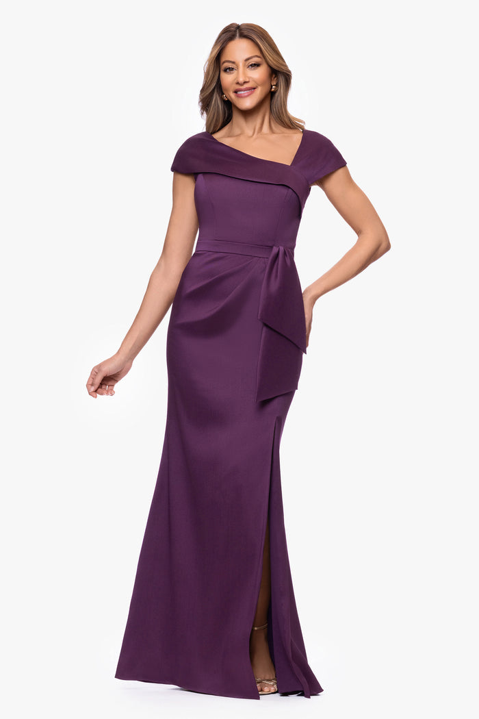 Plum Petite “Katelyn” Stretch Mikado Asymmetrical Neckline Dress, front view
