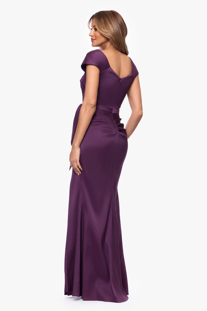 Plum Petite “Katelyn” Stretch Mikado Asymmetrical Neckline Dress, back view