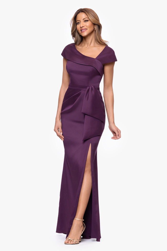 Plum Petite “Katelyn” Stretch Mikado Asymmetrical Neckline Dress, alternate front view with side slit