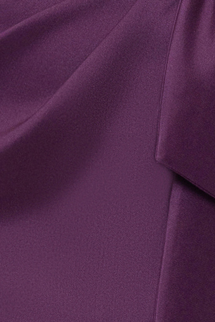 Plum Petite “Katelyn” Stretch Mikado Asymmetrical Neckline Dress, stretch Mikado fabric and draping detail