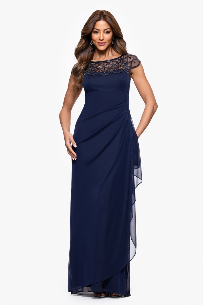Navy Petite “Khloe” Sheer Matte Jersey Embellished Ruffle Dress, front view