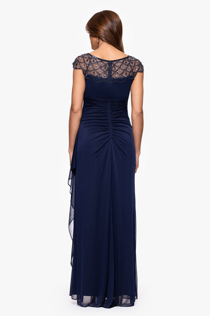 Navy Petite “Khloe” Sheer Matte Jersey Embellished Ruffle Dress, back view