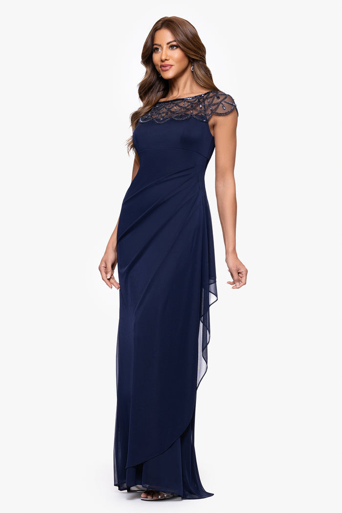 Navy Petite “Khloe” Sheer Matte Jersey Embellished Ruffle Dress, alternate front view