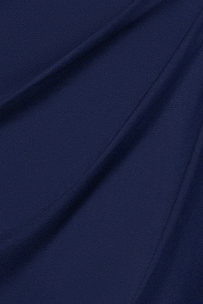 Navy Petite “Khloe” Sheer Matte Jersey Embellished Ruffle Dress, sheer matte jersey fabric and draping detail