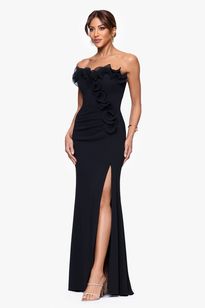 Petite "Kimberly" Scuba Crepe Chiffon Ruffle Strapless Dress