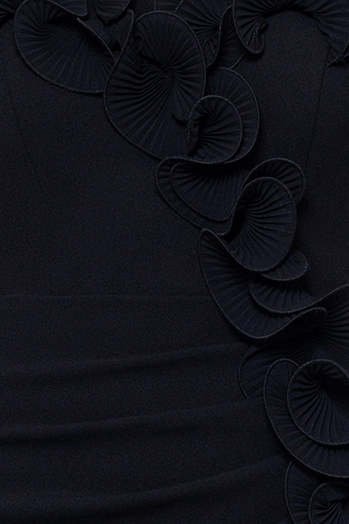 Petite "Kimberly" Scuba Crepe Chiffon Ruffle Strapless Dress