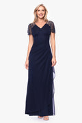 Navy Petite “Lana” Sheer Matte Jersey Beaded Flutter Sleeve Dress, front view