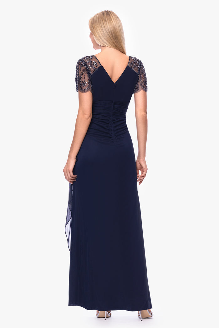 Navy Petite “Lana” Sheer Matte Jersey Beaded Flutter Sleeve Dress, back view