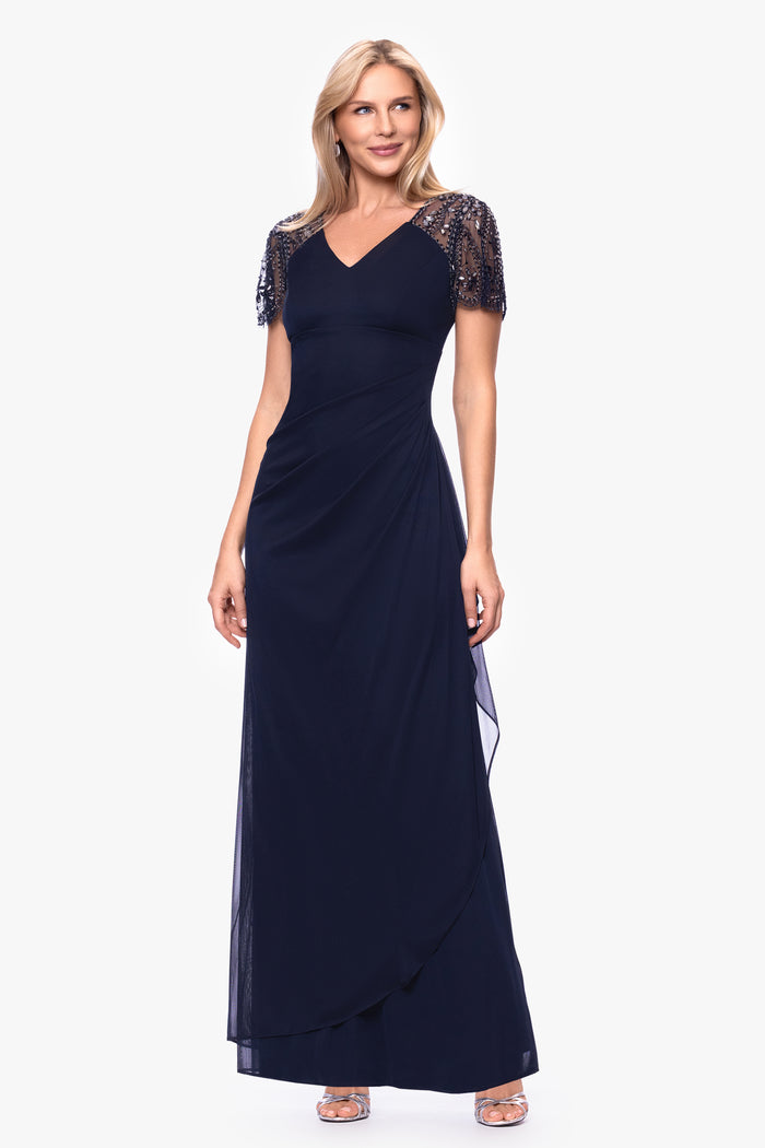 Navy Petite “Lana” Sheer Matte Jersey Beaded Flutter Sleeve Dress, alternate front view