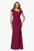Wine Petite “Lenore” Techno Scuba Asymmetrical Neckline Dress, front view