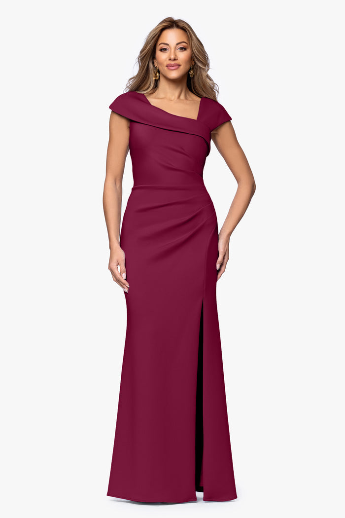 Wine Petite “Lenore” Techno Scuba Asymmetrical Neckline Dress, front view