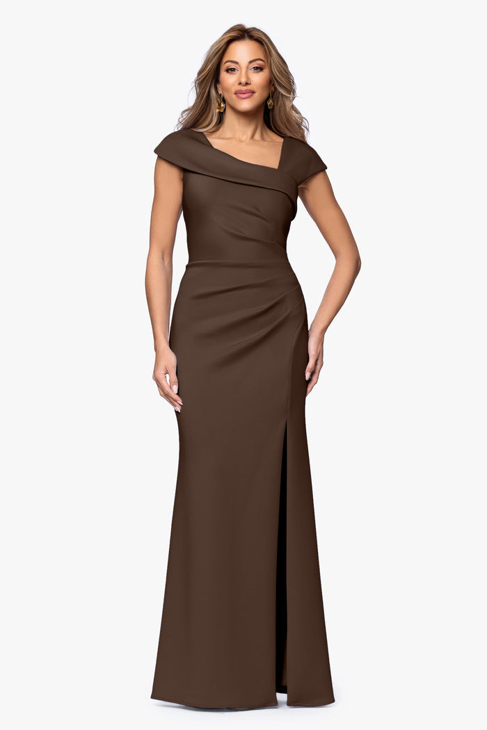 Brown Petite “Lenore” Techno Scuba Asymmetrical Neckline Dress, front view
