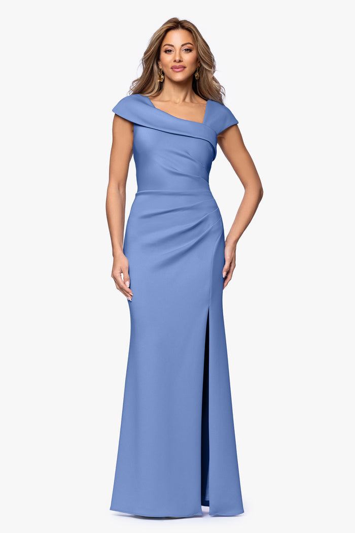 Slate Petite “Lenore” Techno Scuba Asymmetrical Neckline Dress, front view