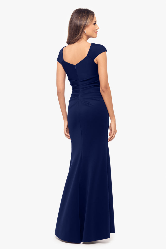 Midnight Petite “Lenore” Techno Scuba Asymmetrical Neckline Dress, back view