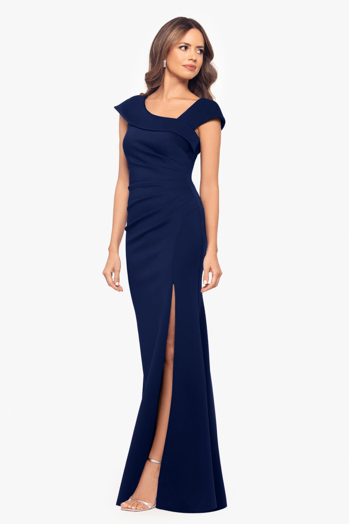 Midnight Petite “Lenore” Techno Scuba Asymmetrical Neckline Dress, alternate front view with side slit