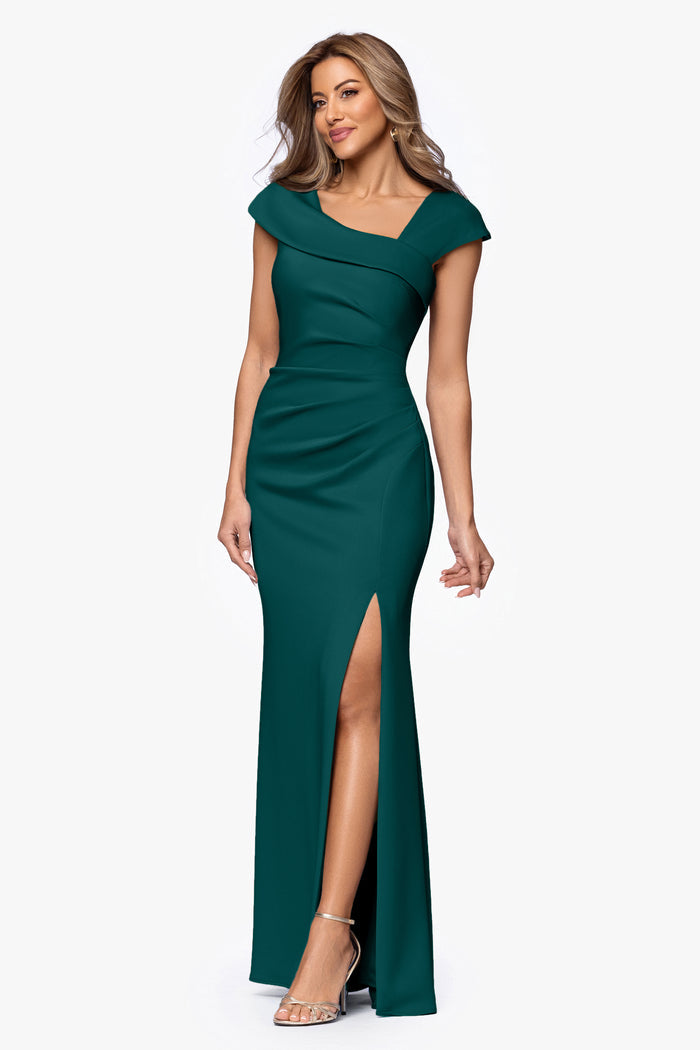 Hunter Petite “Lenore” Techno Scuba Asymmetrical Neckline Dress, alternate front view with side slit