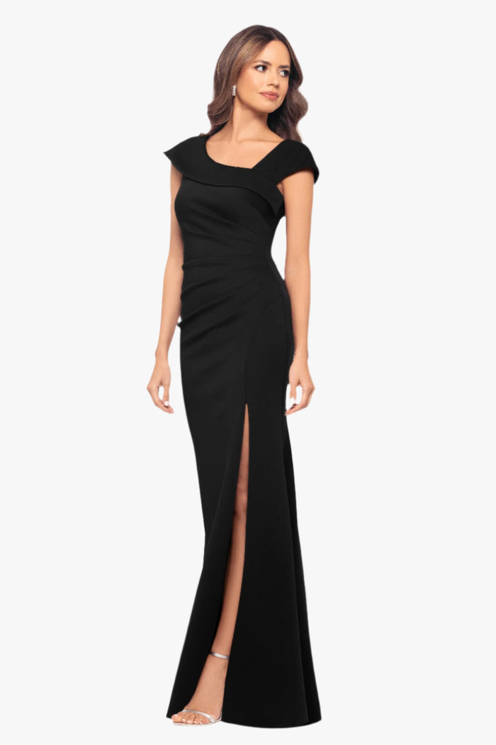 Black Petite “Lenore” Techno Scuba Asymmetrical Neckline Dress, alternate front view with side slit