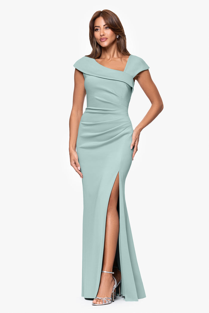 Sage Petite “Lenore” Techno Scuba Asymmetrical Neckline Dress, alternate front view with side slit