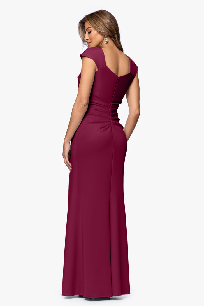 Wine Petite “Lenore” Techno Scuba Asymmetrical Neckline Dress, back view