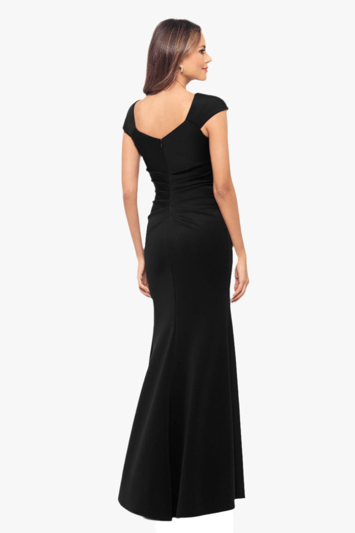 Black Petite “Lenore” Techno Scuba Asymmetrical Neckline Dress, back view