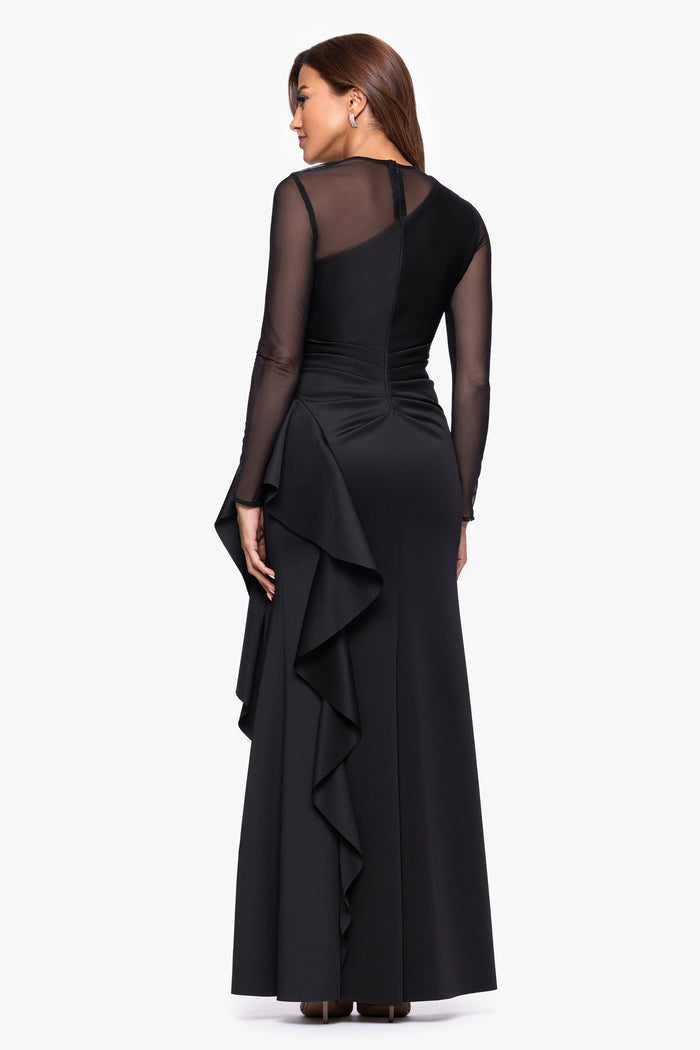 Black Petite “Lyra” Techno Scuba Mesh Long Sleeve Dress, back view with sheer mesh panel and cascading side ruffle