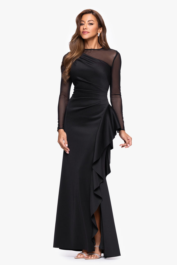 Black Petite “Lyra” Techno Scuba Mesh Long Sleeve Dress, angled three-quarter view with side slit