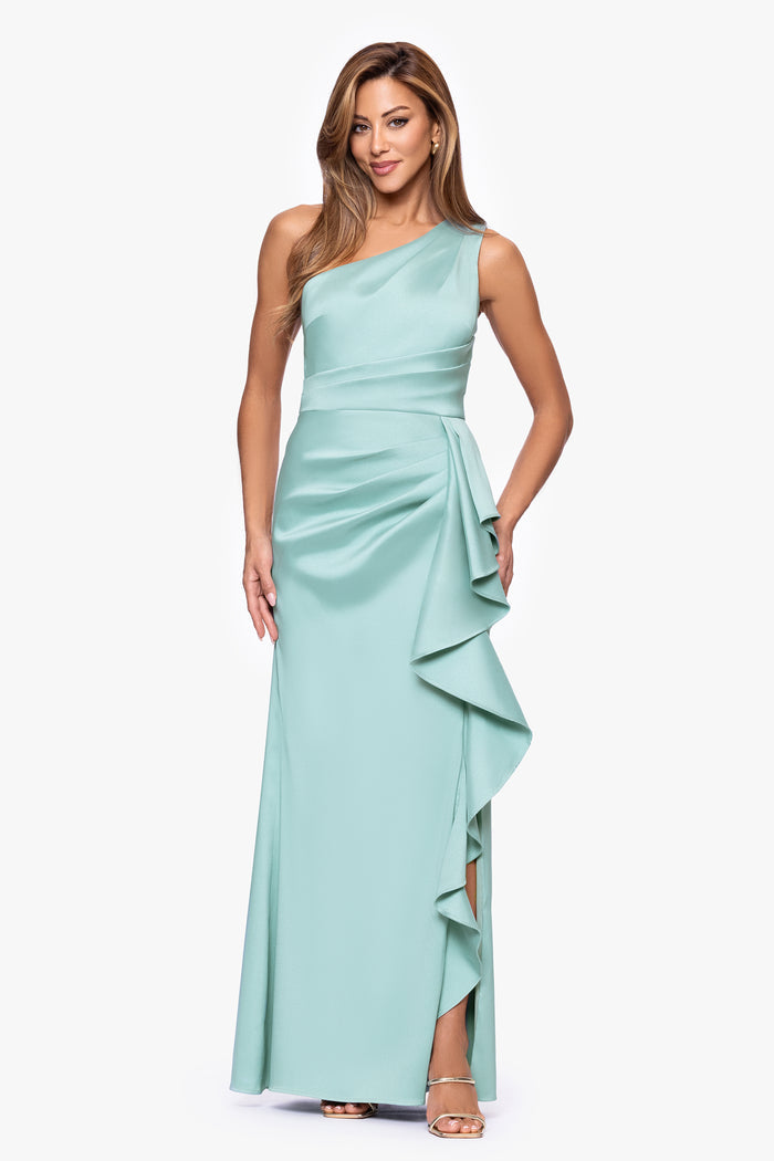 Sage Petite “Nikki” Mikado One Shoulder Ruffle Dress, front view