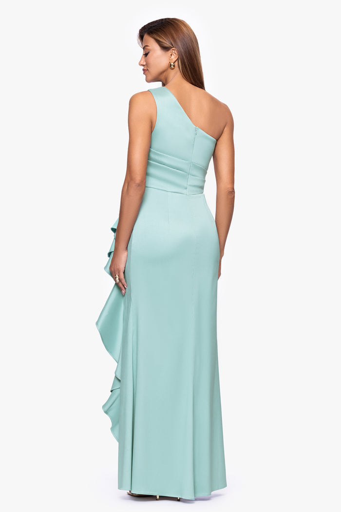 Sage Petite “Nikki” Mikado One Shoulder Ruffle Dress, back view
