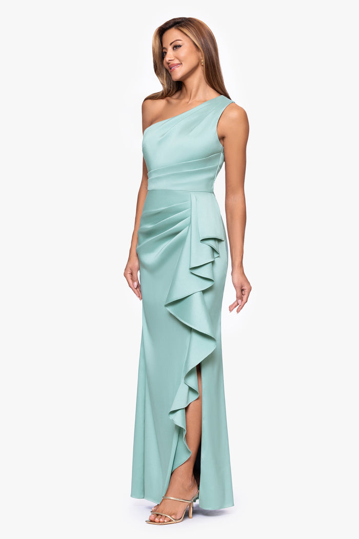 Sage Petite “Nikki” Mikado One Shoulder Ruffle Dress, angled three-quarter view with side slit