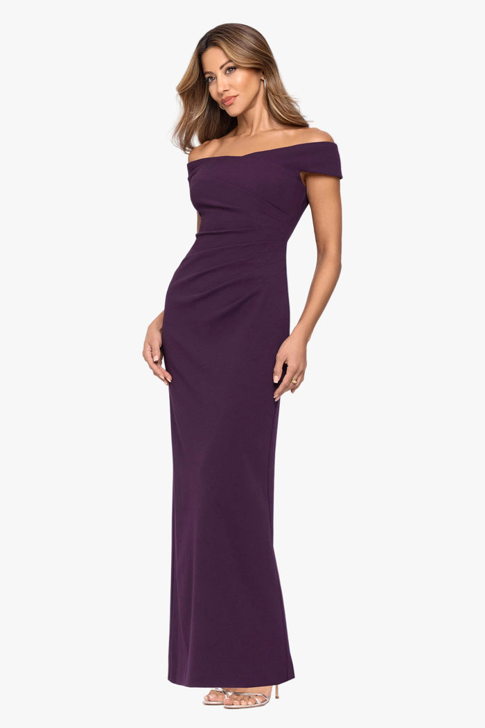 Petite "Ophelia" Scuba Crepe Off Shoulder Dress