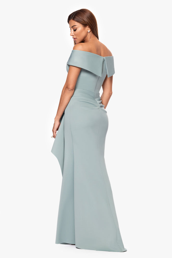 Sage Petite “Patti” Techno Scuba Off The Shoulder Dress, back view