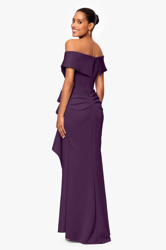 Plum Petite “Patti” Techno Scuba Off The Shoulder Dress, back view
