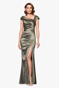 Petite "Paulina" Taffeta Short Sleeve Asymmetric Neckline Dress