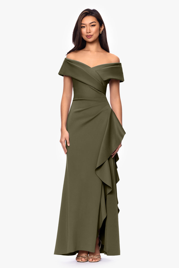 Petite "Pearl" Techno Scuba Off the Shoulder Ruffle Dress
