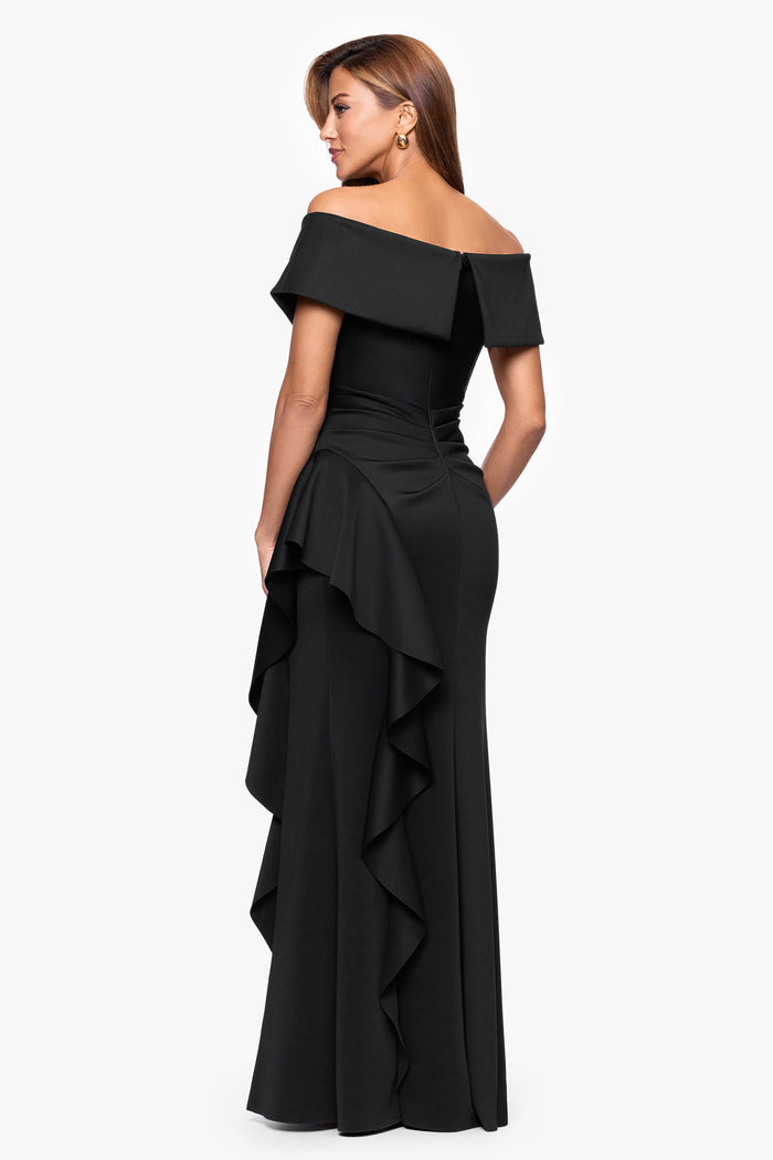 Black Petite “Pearl” Techno Scuba Off the Shoulder Ruffle Dress, back view