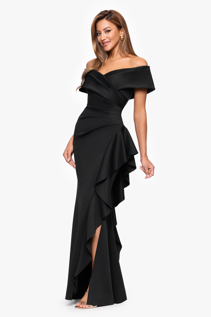 Black Petite “Pearl” Techno Scuba Off the Shoulder Ruffle Dress, angled three-quarter view with cascading ruffle