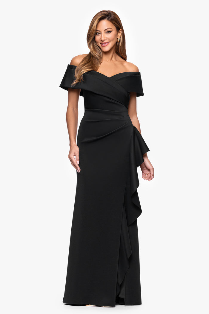 Black Petite “Pearl” Techno Scuba Off the Shoulder Ruffle Dress, front view