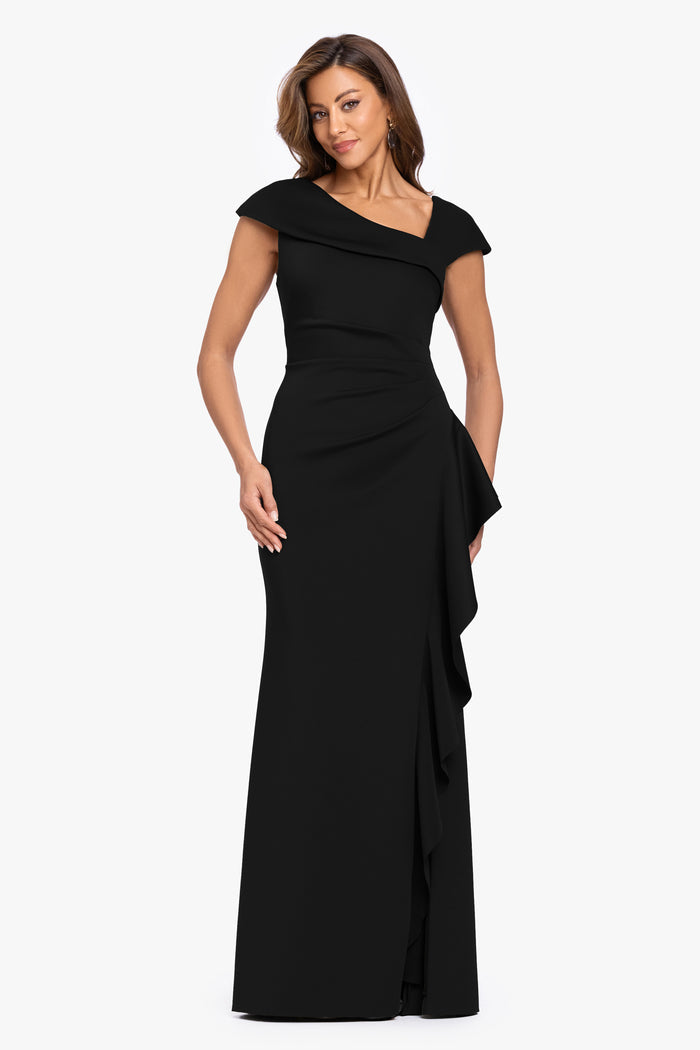 Petite "Rory" Techno Scuba Asymmetrical Side Ruffle Dress
