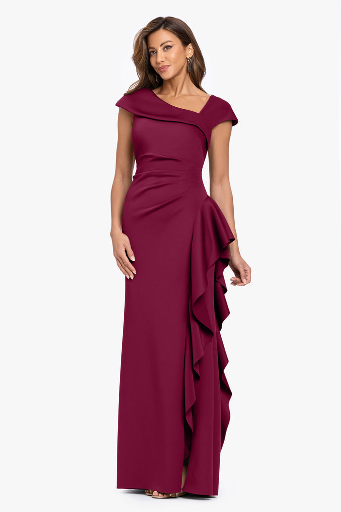Petite "Rory" Techno Scuba Asymmetrical Side Ruffle Dress