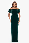 Hunter Petite “Rosie” Velvet Off the Shoulder Ruffle Sleeve Dress, front view