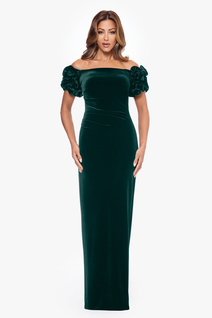 Hunter Petite “Rosie” Velvet Off the Shoulder Ruffle Sleeve Dress, front view